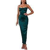 Sexyshine Women's Spaghetti Strap Cowl Neck Satin Corset Dress Bodycon Backless Formal Evening Party Maxi Dress