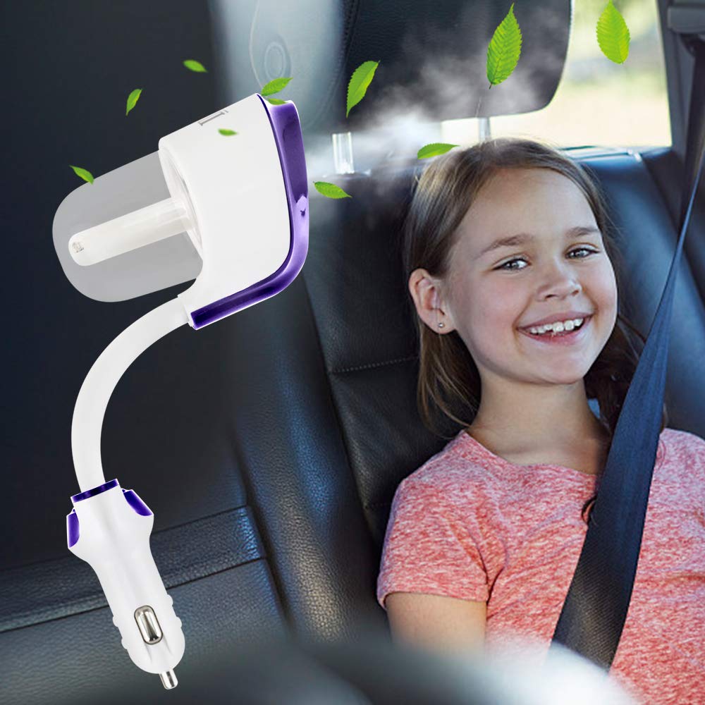 12V Mini Car Aromatherapy Diffuser Cool Mist Car Air Purifier with 2 USB Charger GenLed Car Humidifier Car Diffuser Filters Gift Portable Car Essential Oil Diffuser Car Diffuser Purple