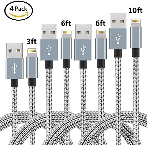 Lightning Cable,NANMING Charger Cables 4Pack 3FT 6FT 6FT 10FT to USB Syncing Data and Nylon Braided Cord Charger for iPhone X/8/8 Plus/7/7 Plus/6/6 Plus/6s/6s Plus/5/5s/5c/SE and More(Gray+White)
