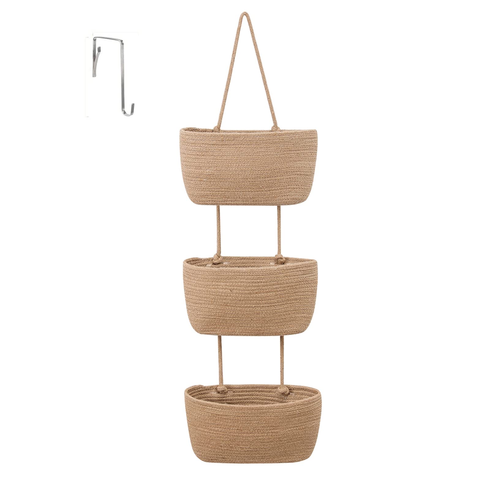 maxant 3-Tier Over the Door Hanging Basket, Wall Mount Storage Organiser Bag, Cotton Rope Woven Solution with Hook, Decorative Baskets for Bedroom, Living Room, Bathroom, Nursery (B), (UD0335)