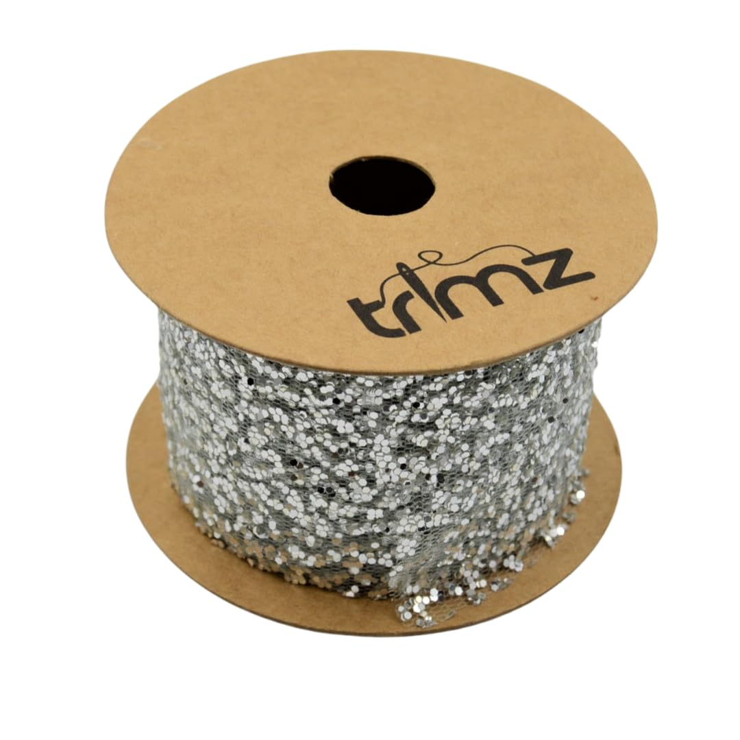 Trimz Glitter Crystal Spotted Organza Sheer Mesh Ribbon, Silver, 50mm x 5m, Trimz50GLIT5