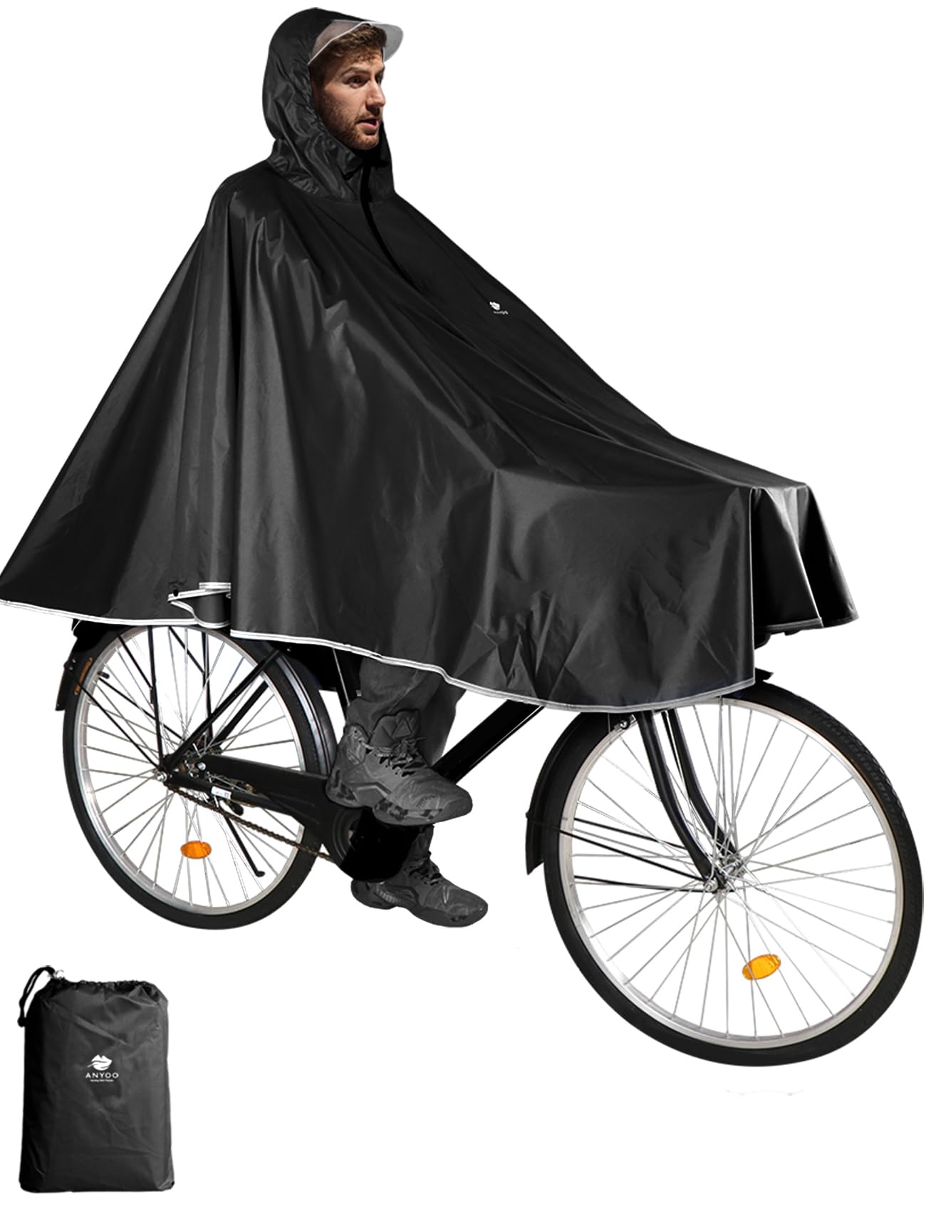 Anyoo Waterproof Rain Poncho Bike Bicycle Rain Coat Jacket Capes Lightweight Compact Reusable for Boys Men Women Adults, L, Black