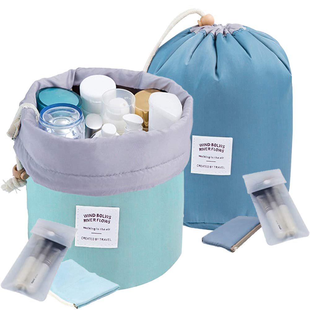 Large Makeup Bag for Women INVODA Travel Cosmetic Bags Portable Drawstring Makeup Bag with White Transparent Makeup Brush Bags Best Mothers Day Birthday Gifts for Women Lady Girl(Blue+Green)