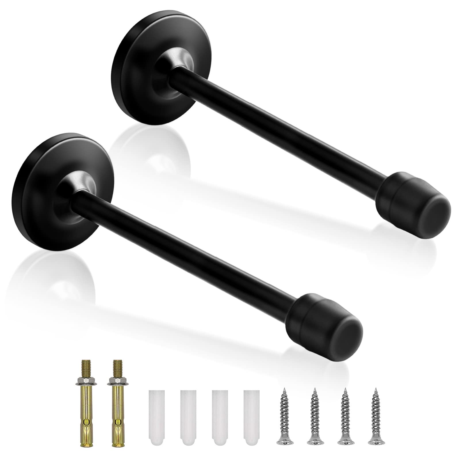 Door Stops 2 Pack Long Door Stopper Chrome 150mm/6 Inch Rubber Brushed Door Stop for Skirtings Wall Mounted Stainless Steel Extra Long Doorstops with Bumper Buffer, Wall Protector Black