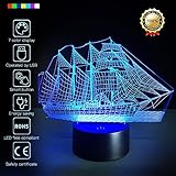 Creative 3D Vehicle Design 7 Colors Optical Illusion LED Night Lights with Unique Lighting Effect Special Visualization Home Decor (Sailboat)