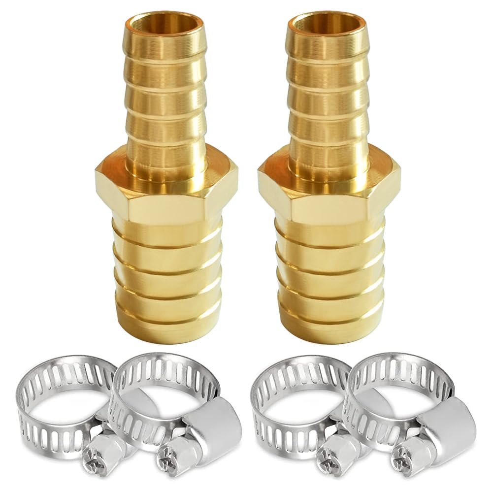 Photo 1 of Uenede 2PCS Brass 3/8" to 1/2" OD Barb Reducer Barbed Hose Fittings with 4 Stainless Steel Clamps Hex Reducing Splicer Mender Fitting for Water/Oil/Gas