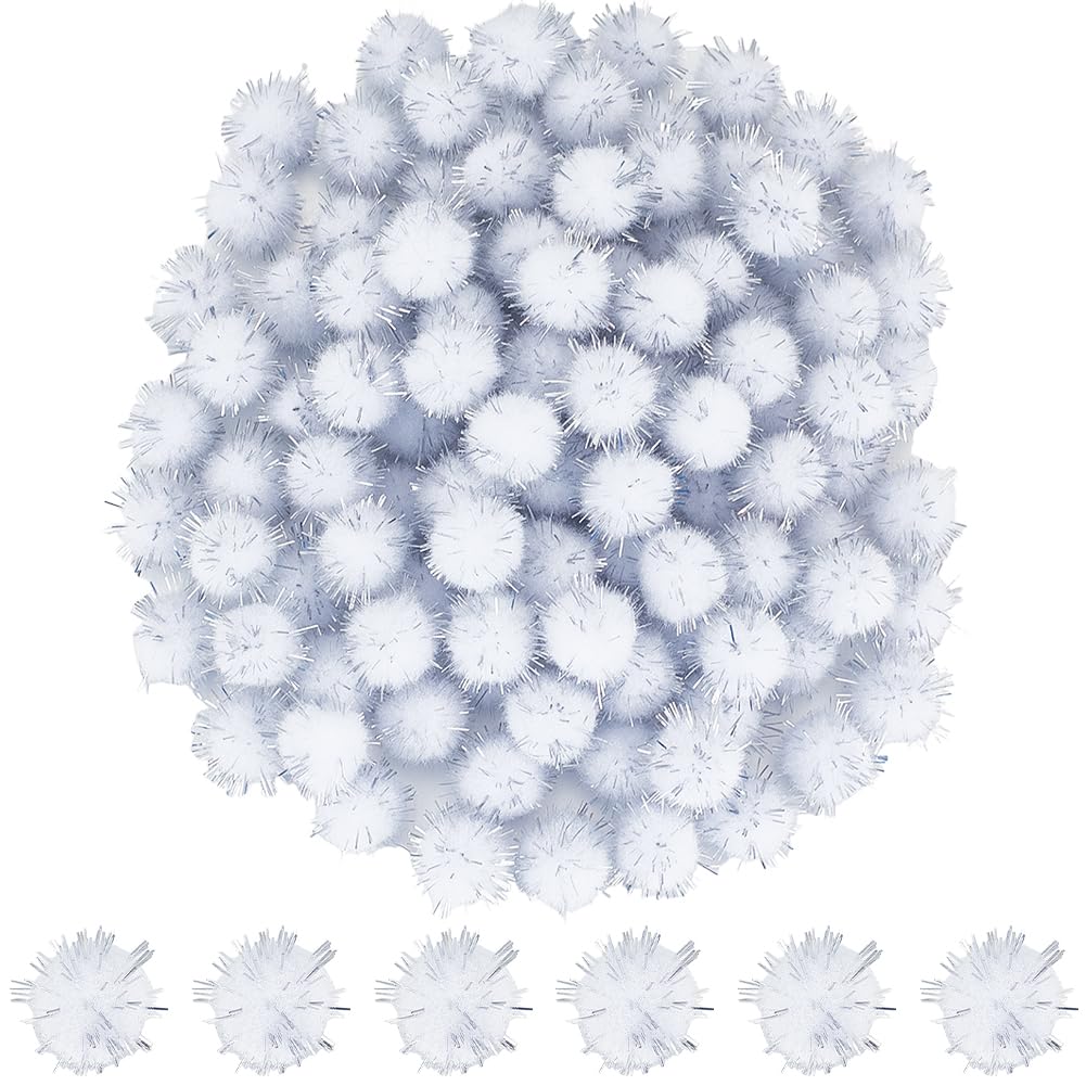SUNNYCLUE 120pcs Sparkle Pom Pom Glitter Ball Bulk 15mm White Fibre Soft Fluffy Decor Round Fuzzy Tinsel Balls Glitters Pompoms for DIY Art Crafting Cat Christmas Party Decorations Findings