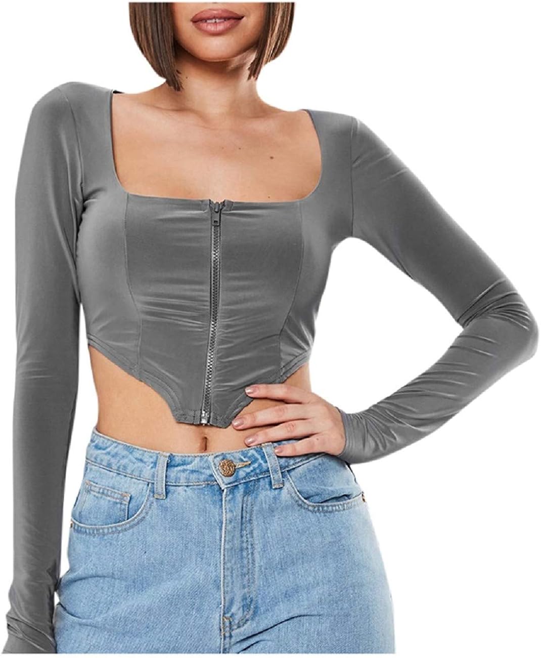 Boomboom Women's Zipper Front Tank Tops Unique Square Neck Solid Color