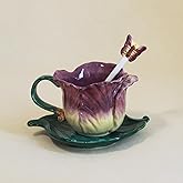 Minigift Ceramic Tea Cup and Saucer Set ，6OZ 3D Hand-Painted Flower and Lotus Leaf Coffee Mug，Gift for Women- Purple Tulip