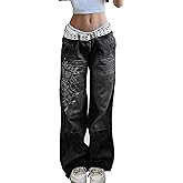 Xineicy Women's Low Rise Heart Pattern Baggy Jeans Washed Wide Leg Denim Cargo Pants