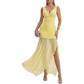 Curvphilo Deep V Neck Sleeveless Dress Mesh Ruffle Bodycon Maxi Dress for Women Double Lined Cocktail Party Dress