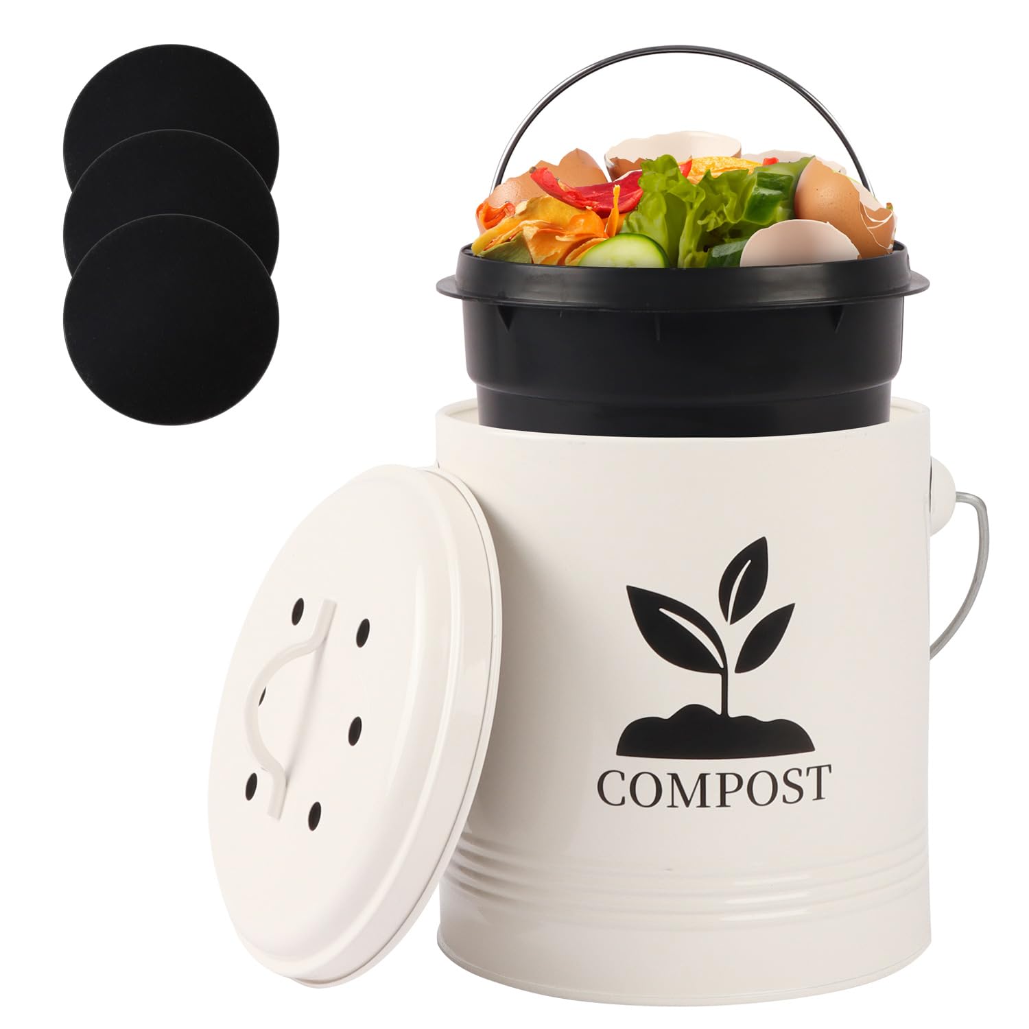 Photo 1 of Compost Bin Kitchen Countertop, Indoor Compost Bin with Inner Bucket, 1.15 Gallon Small Compost Bin with Lid, Indoor Composter Bin Counter Compost Pail Food Waste Bin Includes 3PCs Carbon Filter Cream