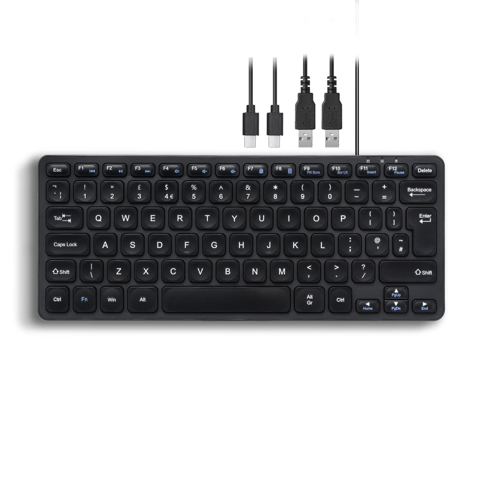 Perixx PERIBOARD-416 Wired Mini USB Keyboard with 4 Hubs - Scissor Keys - Big Print Keys - Detachable USB-A Cable - UK English