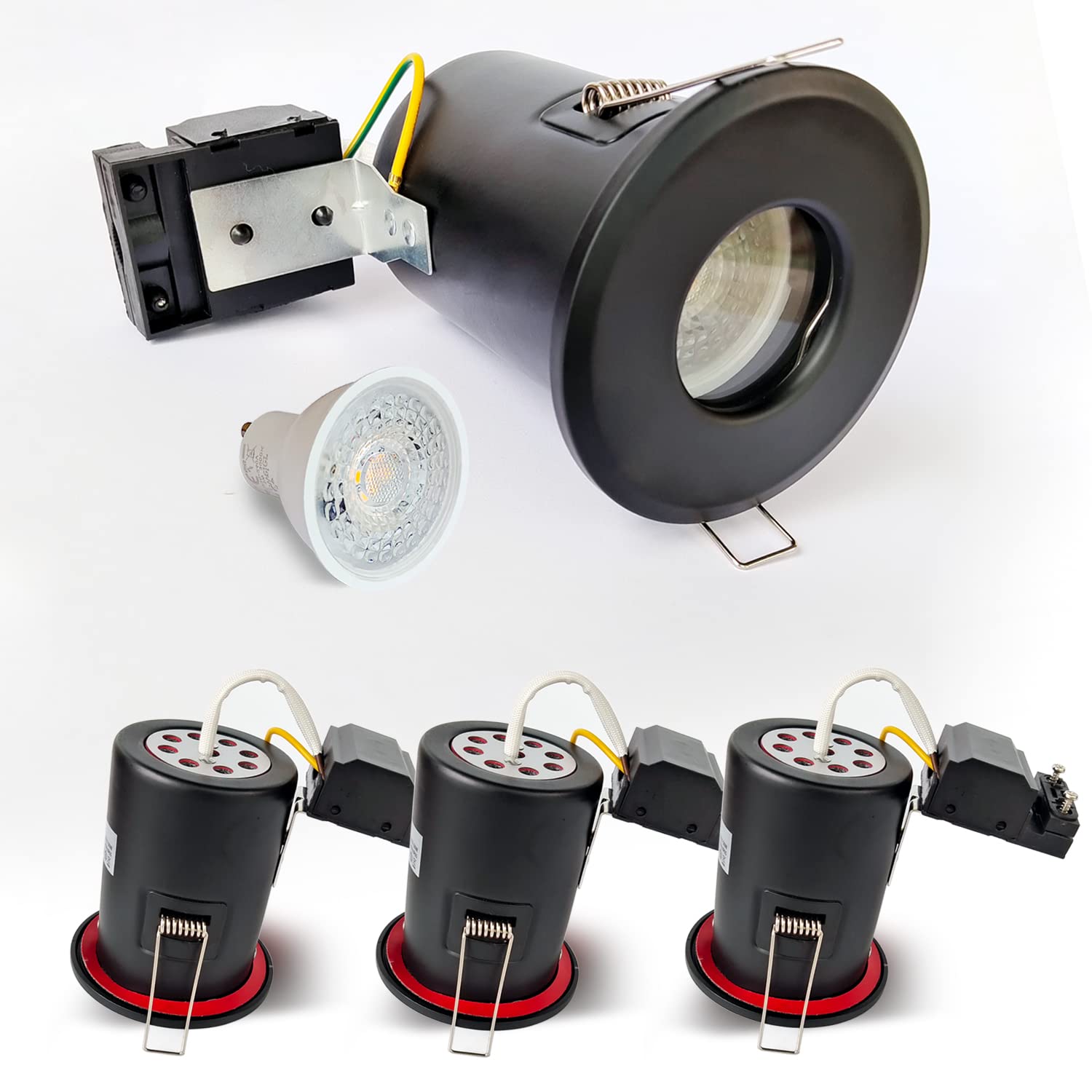 4XSweier 90 Minute Fire Rated Ceiling Recessed LED Spotlight, 5W 3000K Warm White IP65 Waterproof Bathroom LED Recessed Downlight, Cutout 75mm. Black (Non-Dimmable)