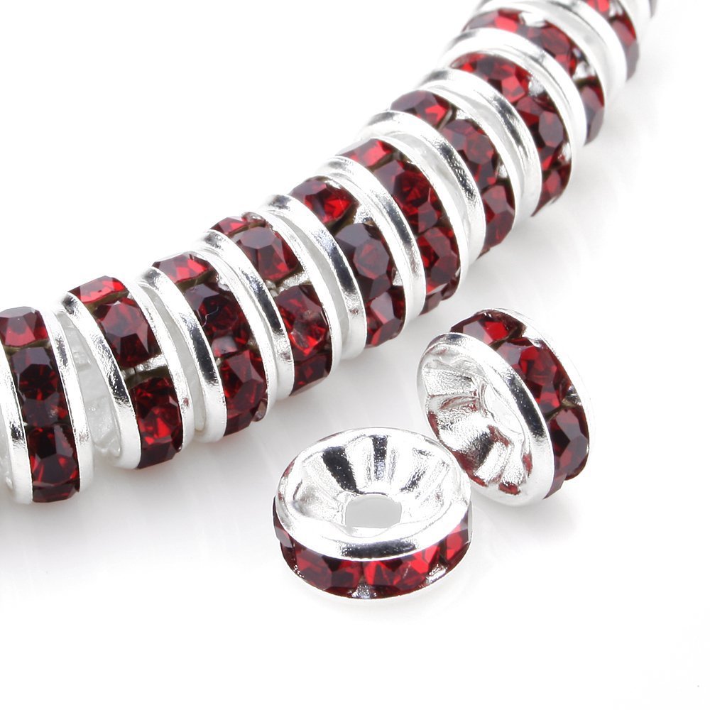 RUBYCA 100pcs Round Rondelle Spacer Charm Bead 4mm Silver Tone Dark Red Fine Czech Crystal DIY