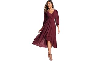 Ever-Pretty Women's Chiffon V Neck Long Sleeves Pleated A-Line Midi Length Wedding Guest Dress 01926