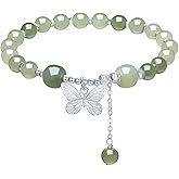 ZHOU LIU FU Sterling Silver Jasper Beaded Bracelets for Women S925 Silver Green Gemstone Bead Butterfly Stretch Bracelet Mom Birthday