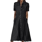 utcoco Womens Denim Dress Lapel Short Sleeve Frayed Hem Jean Dresses Oversized Button Down A Line Shirt Dress
