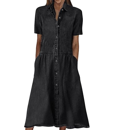 FZYLQY Womens Plus Size Denim Dresses Turn-Down Collar Short Sleeve Loose Long Dress Summer Casual Button Shirt Dress M-3XL at Amazon Women's Clothing store