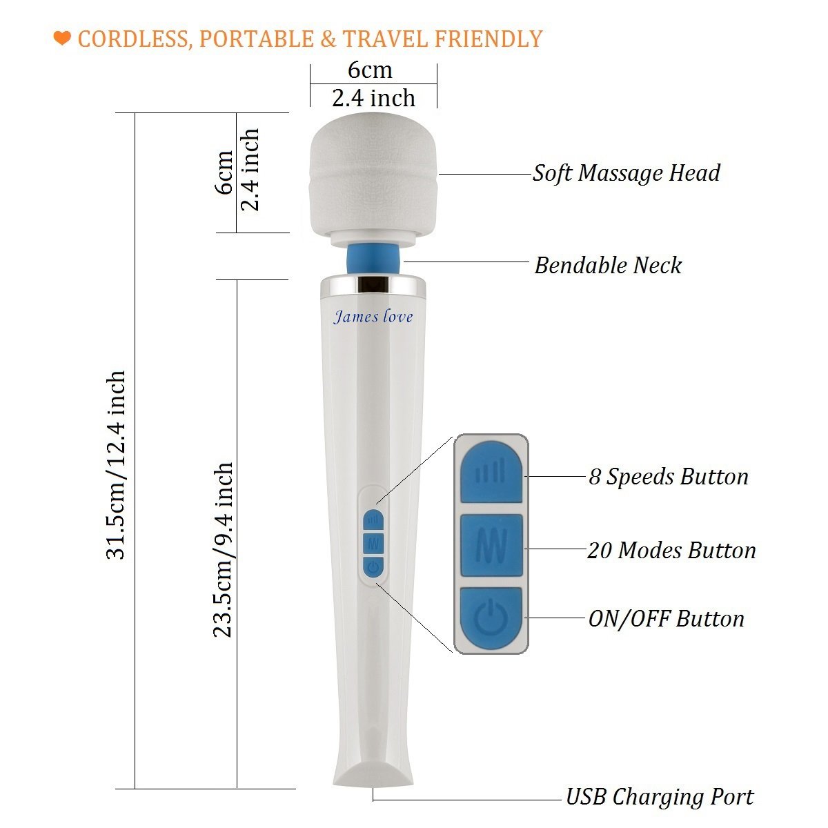 Wand Massager Handheld Wireless and USB Rechargeable with 20 Powerful Vibration Patterns 8 Speeds, James Love Therapy Personal Body Massager for Muscle Aches and Sports Recovery