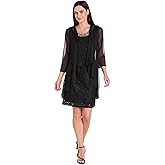 R&M Richards Women's Formal Cocktail Jacket Dress - Glitter Lace Dress W/Draped Chiffon Shrug & Embellished Jewel Neck