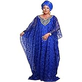 HD Womens African Lace Kaftan Dress Embroidery V Neck Evening Party Gown One Size with Matching Headwrap