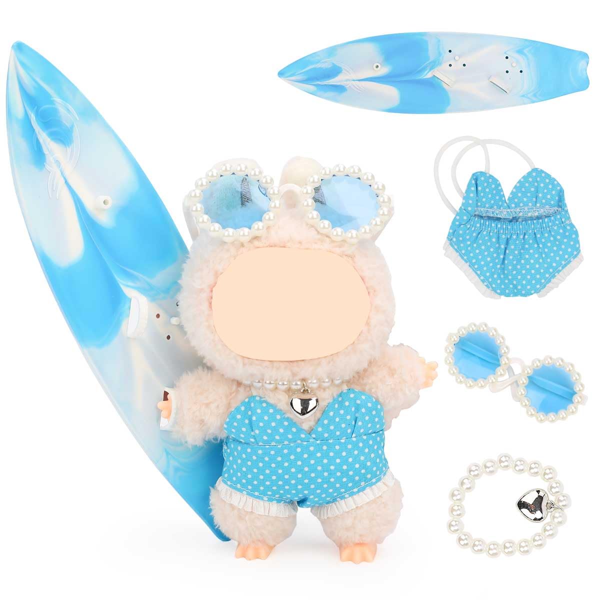 LEWOTE Clothes Set Compatible for Labubu Doll, Hat Suit Ornaments Accessories Set for 17cm/6.7inch Doll (Blue Swimsuit/Surfboard/Necklace/Glasses)