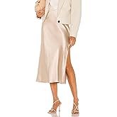 E EMZHOLE Womens Satin Skirts Casual Silk High Waist Slit Midi Skirt Elastic Waistband Elegant Work Skirts