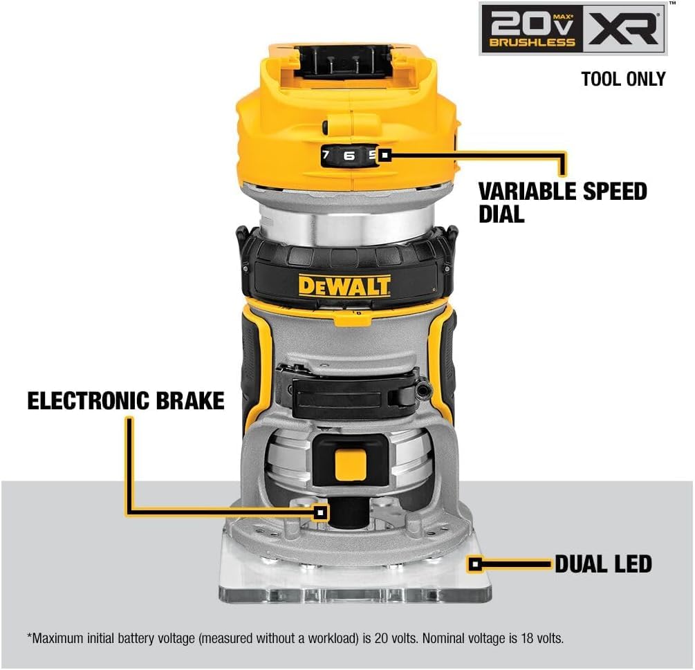 DEWALT DCW600B 20V MAX XR CMPCT Metal Fixed Base Router