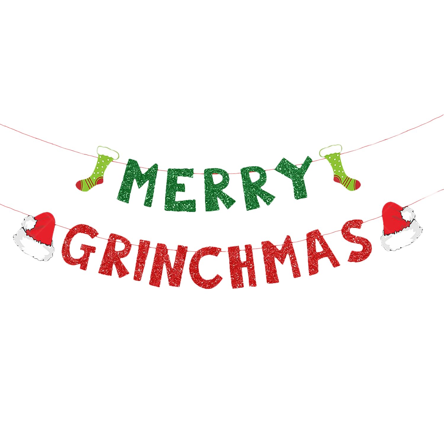 HIXNUG 2pcs Christmas Banner Monster Christmas Decoration Supplies Red & Green Glitter Hanging Ornaments Banner for Indoor Fireplace Mantel