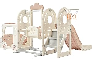 Lifeand 5 in 1 Kids Swing-N-Slide with Bus Play Structure, Freestanding Bus Toy with Slide&Swing for Toddlers, Bus Slide Set with Basketball Hoop,Beige