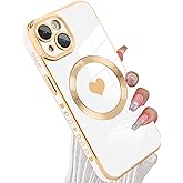 tharlet Magnetic for iPhone 15 Plus Case [Compatible with Magsafe] Cute Love Heart Luxury Plating Gold Edge Bumper with Full Camera Lens for iPhone 15 Plus Phone Case, White (6.7")