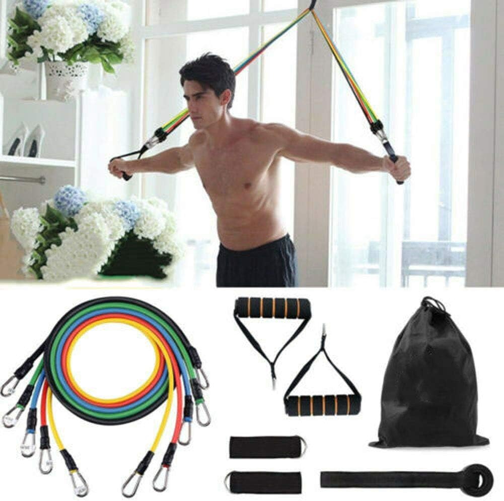 cz hezhu eu 11 pcs Exercise Resistance Bands Workout Fitness Set 5 Fitness Tubes, 2 Hand Grips, Door Anchor, 2 Ankle Straps, Carrying Pouch