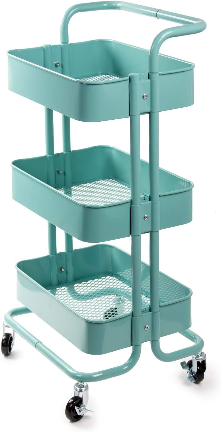 D4P Display4top 3 Tier Multi-Purpose Utility Rolling Trolley, Organizer Trolley, Storage Cart with Lock Wheels,for kitchen, Bathroom,Bedroom Storage (Turquoise)
