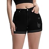 Romastory Women's High Waisted Summer Elastic Jean Shorts Folded Hem Hot Denim Shorts for Women