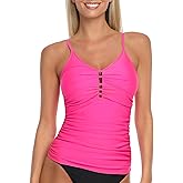 RELLECIGA Women's V Neck Tankini Top Ruched Tummy Control Swimsuits Top