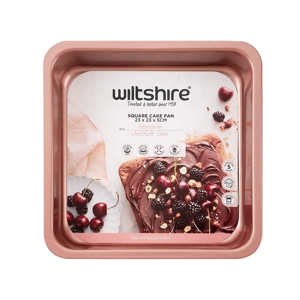 Wiltshire Rose Gold Square Cake Pan, PFOA PTFE Free, Robust Cake Pan, Non-Stick Coating, Coated Baking Pie Tin, Cake Mould, Sheet Steel Bakeware, 25x25x5cm