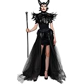 UQJE Black Gothic Witch Costume Raven Costume Halloween Feather Shawl Mesh Cape with Horns Set