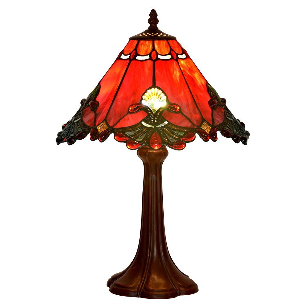 Bieye L30021US Baroque Tiffany Style Stained Glass Table Lamp Night Light with 13 Inches Wide Handmade Lamp Shade Zinc Base for Bedside Bedroom Living Room Coffee Table, Red, 19-inch Tall…