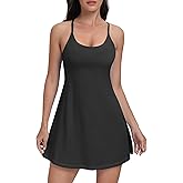 Women Workout Tennis Dress with Built-in Bra Shorts, Easy Peezy Cross Shoulder Straps and Pockets