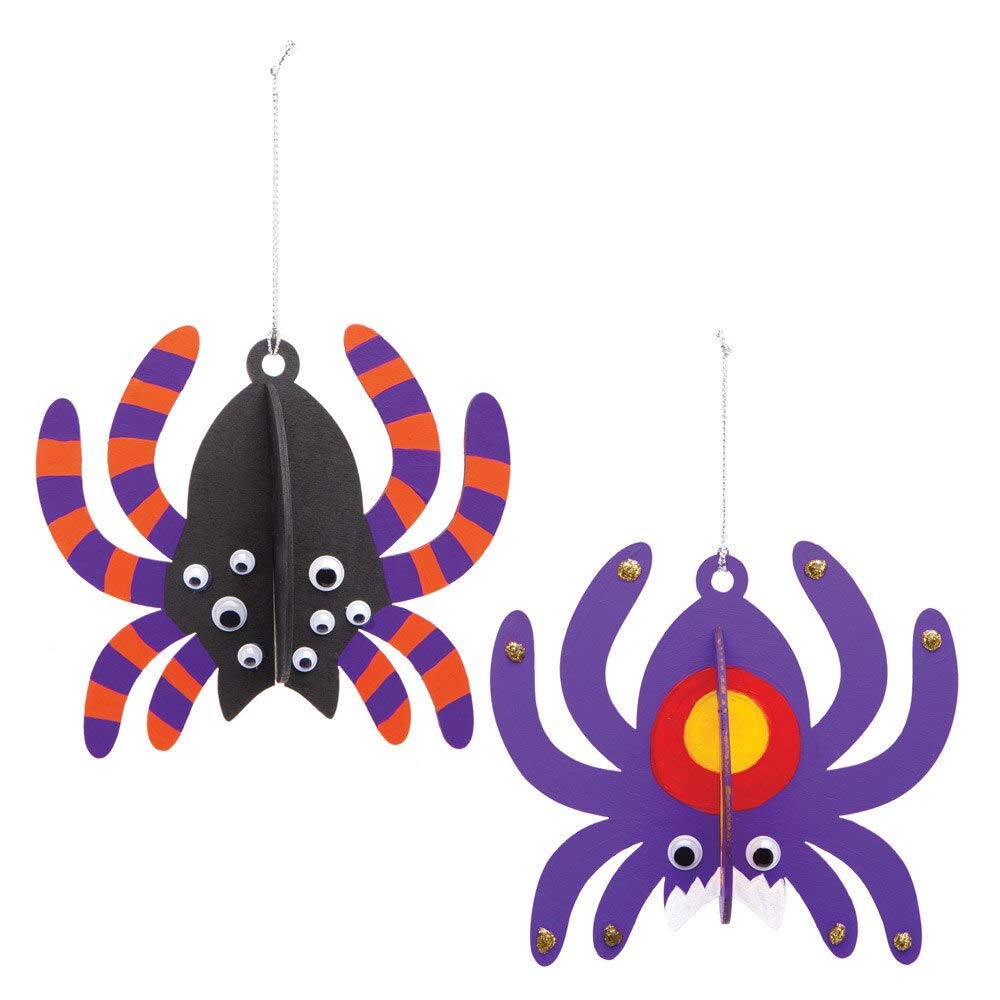 Baker Ross AW771 Halloween Spider Decorations - Pack of 6, 3D Wooden Craft Spider for Kids to Make, Decorate and Display