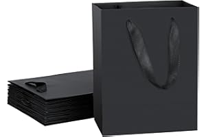 HUAPRINT Black Gift Bag,12 Pack Black Shopping bags with Ribbon Handles,7x4x9inch,Craft Gift Bags,Black Paper Bags Bulk,Party Favor Bags,Merchandise Business Bags,Wedding Bags