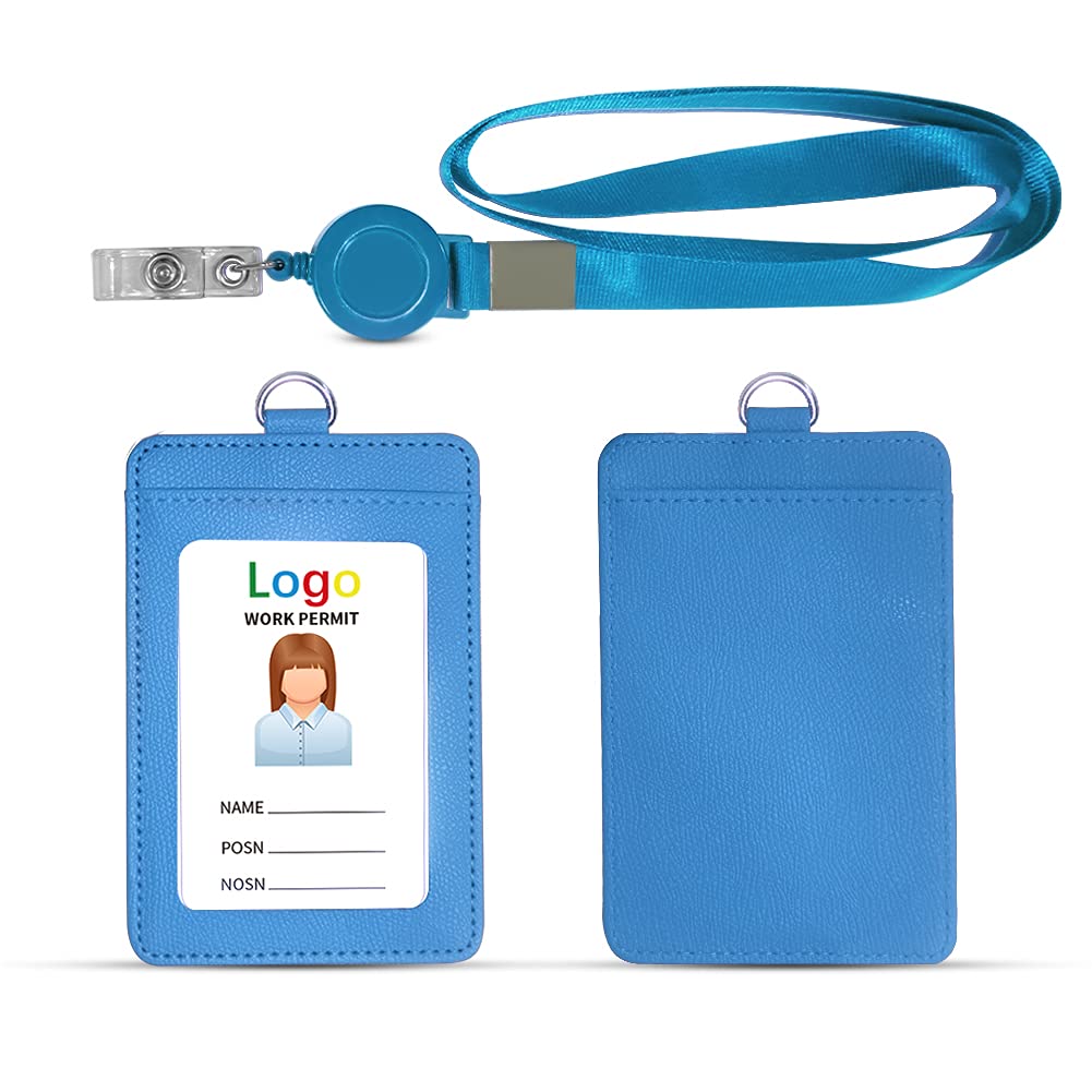 HYCOPROT ID Badge Holder 2-Sided Pu Leather With 1 Id Window and 1 Card Slot and 1 Piece 34.8 Inch Detachable Neck Lanyard id card holder For Office School Business Travel Student (sky blue, vertical)