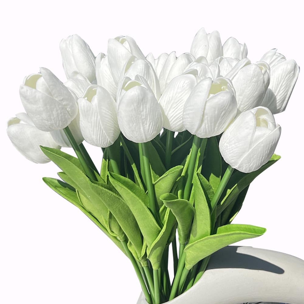 Awtlife 24 pcs Artificial Flowers Fake Flower Tulip Latex Real Touch for DIY Bouquets Wedding Party Bridal Baby Shower Home Decor White