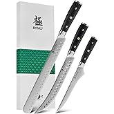 KYOKU 3pc Kitchen Knife Set, Samurai Series 6.5" Boning Knife 12" Slicing Knife 10" Butcher Knife Set, High Carbon Steel Japanese Style Knives with Pakkawood Handle Sheath for Meat Fruit Vegetable