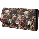 Jolamirel Skulls Floral Long Wallet for Women Antique Books Print Leather Trifold Slim Clutch Wallets with ID Window, Gothic Roses Skull Billfold Purse Credit Card Holder