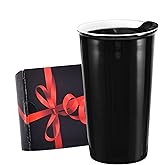 Ceramic Travel Mug, 12oz Unique To Go Coffee Mugs with Splash Resistant Lid and Color Box, Reusable Double Wall Black Mug Porcelain Coffee Cup, Gifts for Women Men Her Him, Black