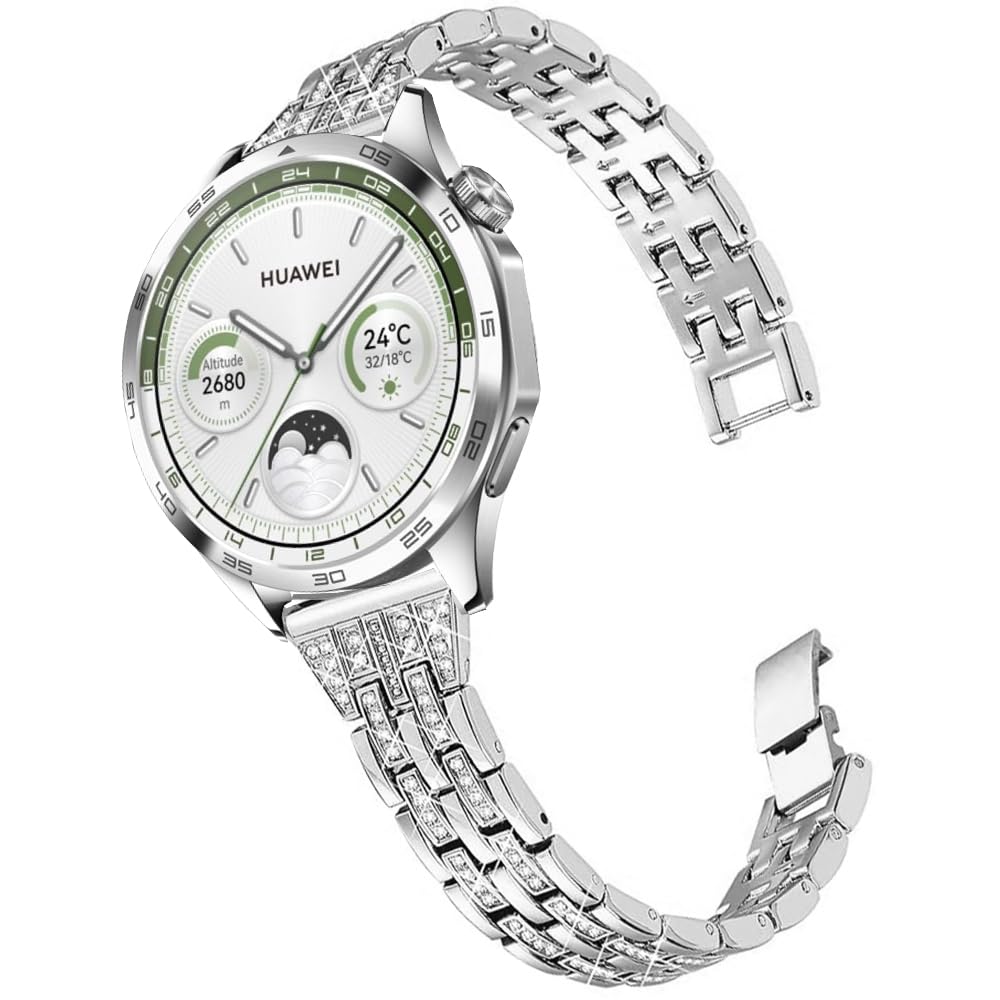 DEALELE Strap Compatible with Samsung Galaxy Watch 46mm / Galaxy 3 45mm / Huawei Watch 4/4 Pro / 3/3 Pro / GT4 / GT3 / GT2 46mm, 22mm Bling Rhinestone Metal Replacement Bands for Women Men, Silver