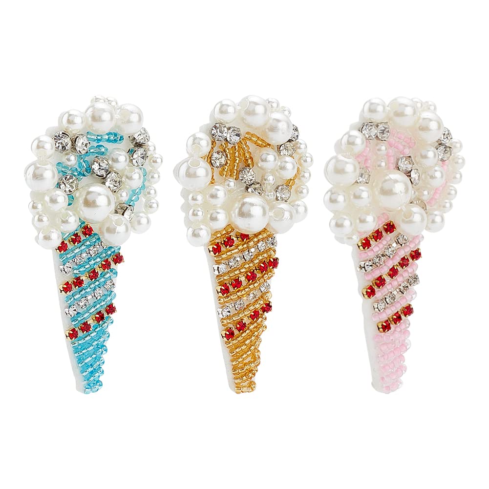 FINGERINSPIRE 3PCS Ice Cream Beaded Patch (Gold Pink Blue, 38x70mm) Beautiful Rhinestone & Pearl Beads Applique Decorative Ice Cream Cone Sewing Patches for DIY Clothes, Backpack, Hat Craft
