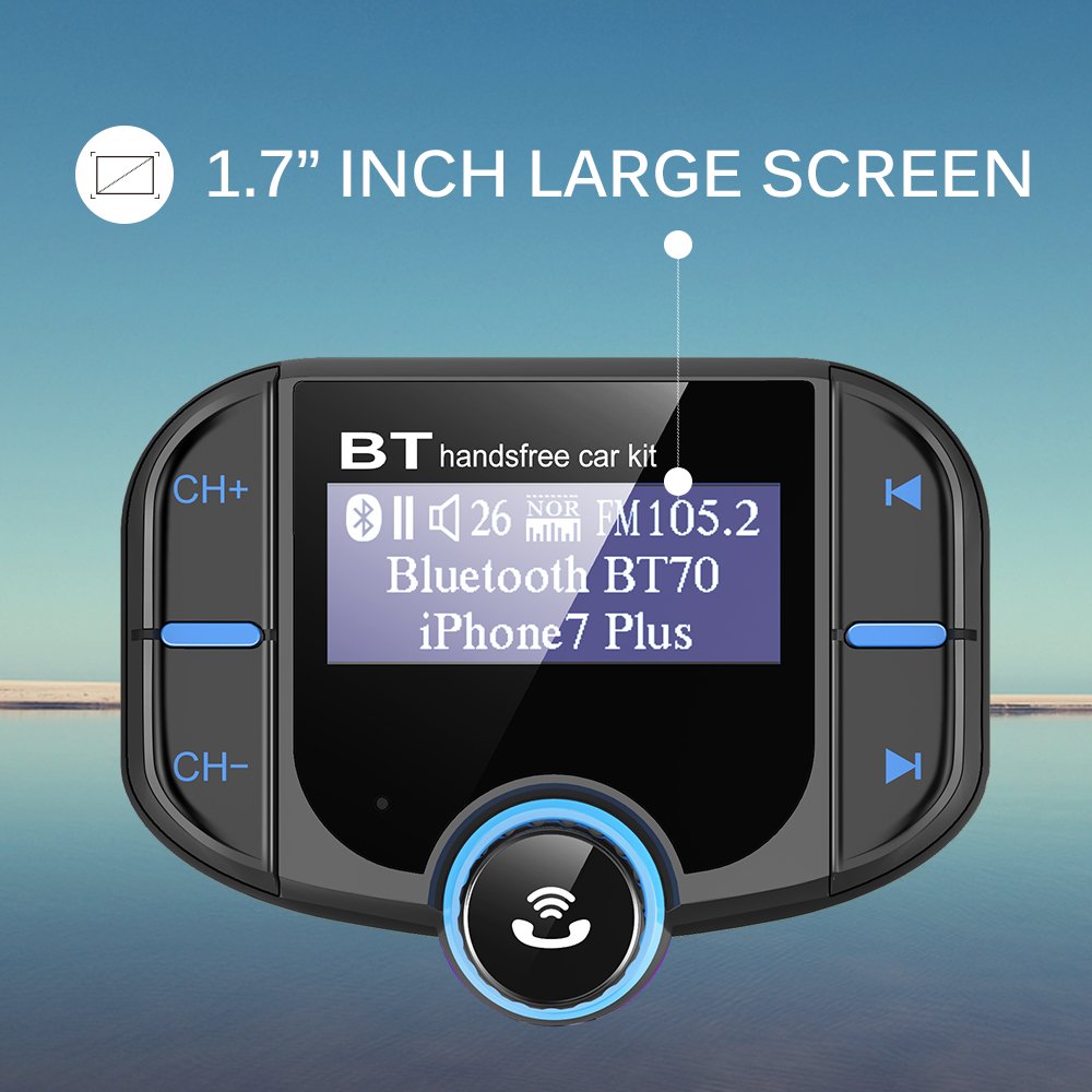 [2018 Version]Bluetooth 4.2 FM Transmitter, CHGeek Quick Charge 3.0 and Smart 2.4A Dual USB Car Charger, Wireless Radio Audio Adapter Handsfree Calling Car Kit 1.7 Inch Display with On Off Switch, TF card MP3 Player Aux Input (Work with Sir